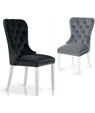 KRZESŁO GLAMOUR PIKOWANE Z KOŁATKĄ MADAME NOGI DREWNO BIAŁE (WYBIERZ TKANINĘ)