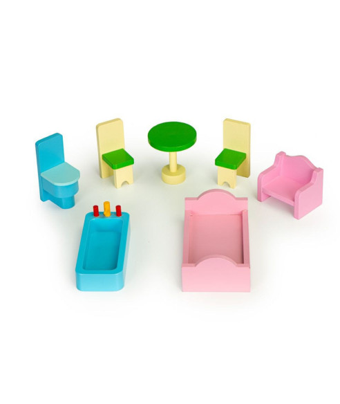 DOMEK DLA LALEK DLA DZIEWCZYNKI DREWNIANY MEBELKI W ZESTAWIE