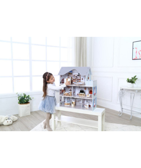 DOMEK DLA LALEK DLA DZIEWCZYNKI EMMA DREWNIANY Z MEBELKAMI I BALKONEM