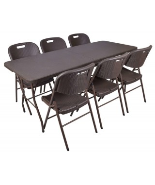 ZESTAW MEBLI CATERINGOWYCH RATTAN BRĄZ (STÓŁ + 6 KRZESEŁ)