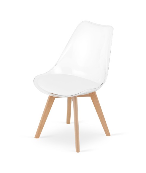 KRZESŁO SKANDYNAWSKIE NORDEN TRANSPARENTNE Z PODUCHĄ DREWNIANE NOGI